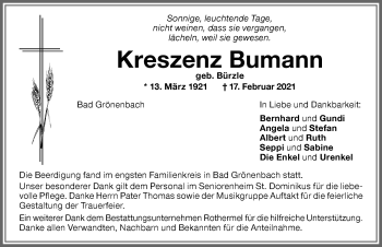 Traueranzeige von Kreszenz Bumann von Memminger Zeitung