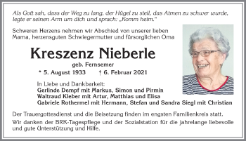 Traueranzeige von Kreszenz Nieberle von Allgäuer Zeitung, Kaufbeuren/Buchloe