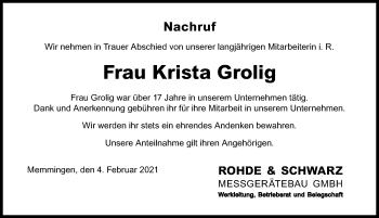 Traueranzeige von Krista Grolig von Memminger Zeitung
