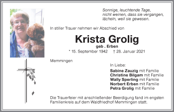 Traueranzeige von Krista Grolig von Memminger Zeitung