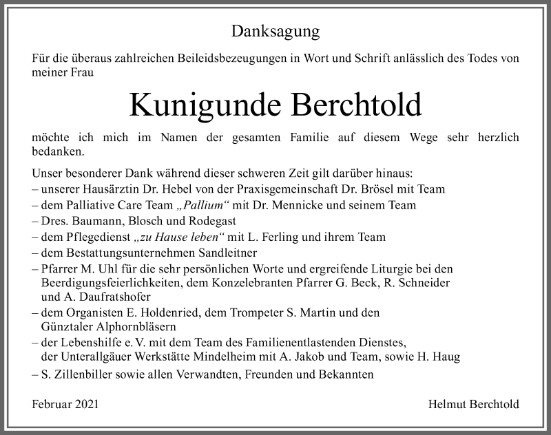  Traueranzeige für Kunigunde Berchtold vom 16.02.2021 aus Allgäuer Zeitung