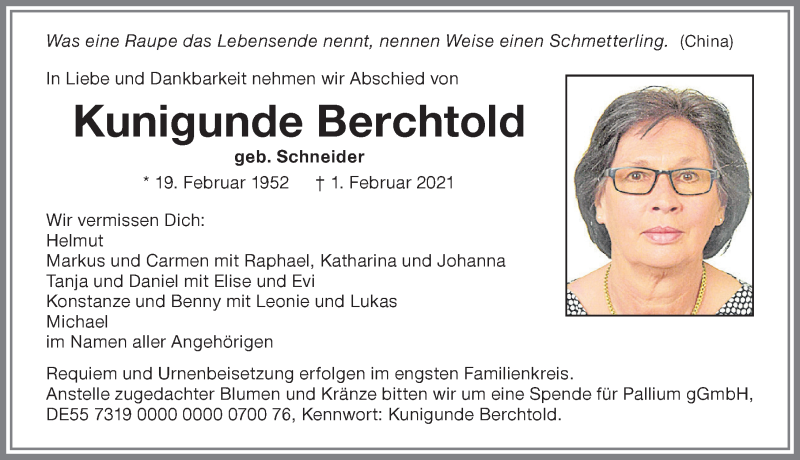  Traueranzeige für Kunigunde Berchtold vom 06.02.2021 aus Allgäuer Zeitung