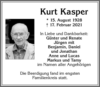 Traueranzeige von Kurt Kasper von Allgäuer Zeitung, Kaufbeuren/Buchloe