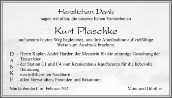Traueranzeige von Kurt Plaschke von Allgäuer Zeitung, Marktoberdorf