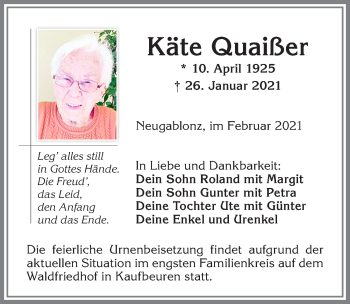 Traueranzeige von Käte Quaißer von Allgäuer Zeitung, Kaufbeuren/Buchloe