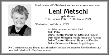 Traueranzeige von Leni Metschl von Allgäuer Zeitung, Kaufbeuren/Buchloe