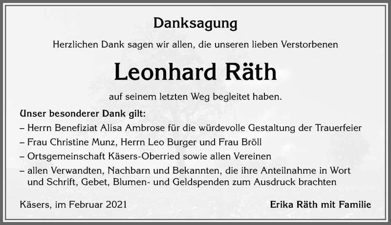  Traueranzeige für Leonhard Räth vom 06.02.2021 aus Allgäuer Zeitung,Kempten