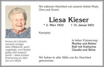 Traueranzeige von Liesa Kieser von Allgäuer Zeitung,Kempten