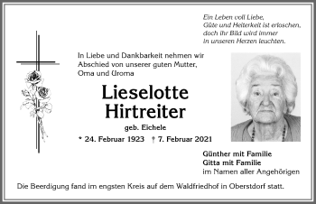Traueranzeige von Lieselotte Hirtreiter von Allgäuer Anzeigeblatt