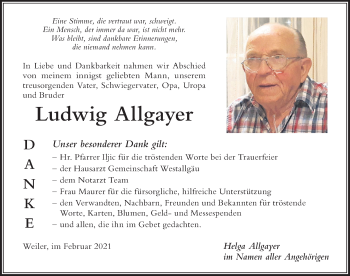 Traueranzeige von Ludwig Allgayer von Der Westallgäuer