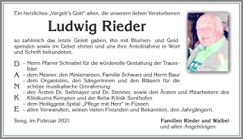 Traueranzeige von Ludwig Rieder von Allgäuer Zeitung, Füssen