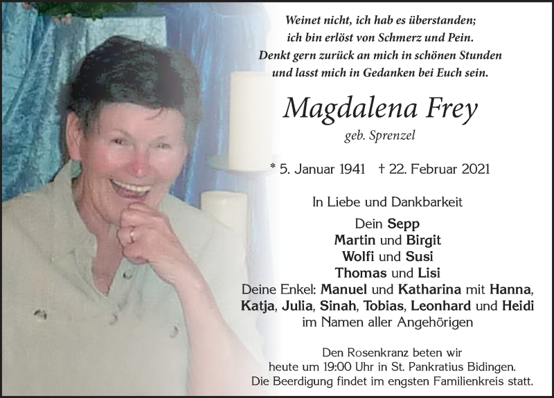  Traueranzeige für Magdalena Frey vom 25.02.2021 aus Allgäuer Zeitung, Marktoberdorf