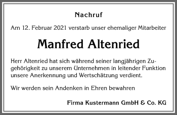 Traueranzeige von Manfred Altenried von Allgäuer Zeitung,Kempten