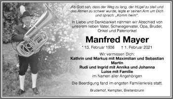 Traueranzeige von Manfred Mayer von Memminger Zeitung