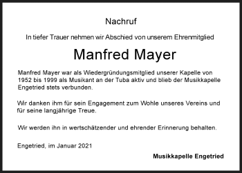Traueranzeige von Manfred Mayer von Memminger Zeitung