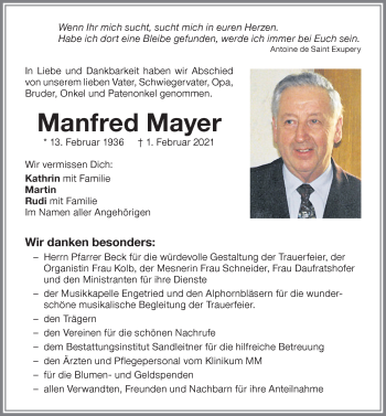 Traueranzeige von Manfred Mayer von Memminger Zeitung