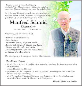 Traueranzeige von Manfred Schmid von Der Westallgäuer