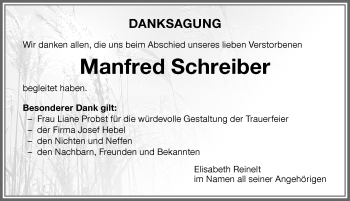 Traueranzeige von Manfred Schreiber von Memminger Zeitung