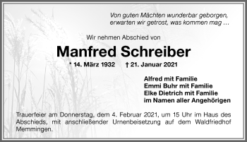 Traueranzeige von Manfred Schreiber von Memminger Zeitung
