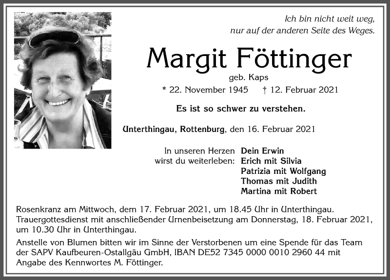  Traueranzeige für Margit Föttinger vom 16.02.2021 aus Allgäuer Zeitung, Marktoberdorf