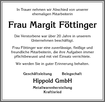 Traueranzeige von Margit Föttinger von Allgäuer Zeitung, Marktoberdorf