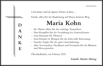 Traueranzeige von Maria Kohn von Der Westallgäuer