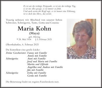 Traueranzeige von Maria Kohn von Der Westallgäuer
