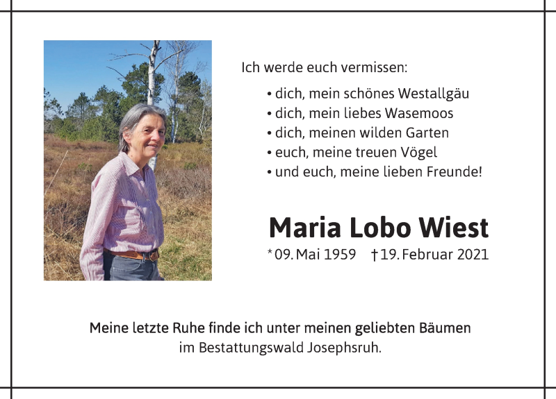  Traueranzeige für Maria Lobo Wiest vom 24.02.2021 aus Der Westallgäuer