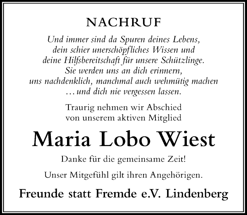  Traueranzeige für Maria Lobo Wiest vom 24.02.2021 aus Der Westallgäuer