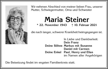 Traueranzeige von Maria Steiner von Allgäuer Zeitung