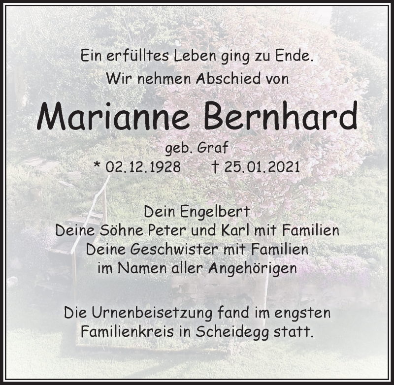  Traueranzeige für Marianne Bernhard vom 02.02.2021 aus Der Westallgäuer