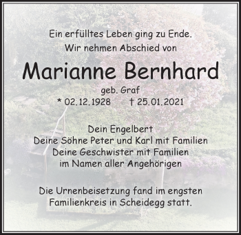 Traueranzeige von Marianne Bernhard von Der Westallgäuer
