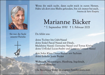 Traueranzeige von Marianne Bäcker von Memminger Zeitung