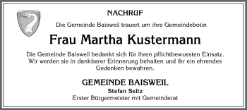 Traueranzeige von Martha Kustermann von Allgäuer Zeitung, Kaufbeuren/Buchloe