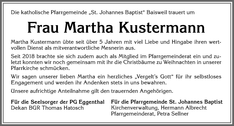  Traueranzeige für Martha Kustermann vom 24.02.2021 aus Allgäuer Zeitung, Kaufbeuren/Buchloe
