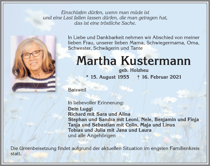  Traueranzeige für Martha Kustermann vom 20.02.2021 aus Allgäuer Zeitung, Kaufbeuren/Buchloe
