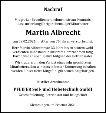 Traueranzeige von Martin Albrecht von Memminger Zeitung