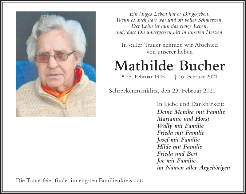  Traueranzeige für Mathilde Bucher vom 23.02.2021 aus Der Westallgäuer