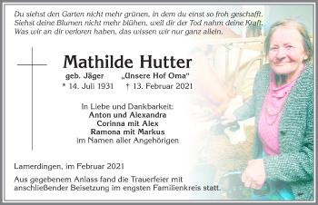 Traueranzeige von Mathilde Hutter von Allgäuer Zeitung, Kaufbeuren/Buchloe