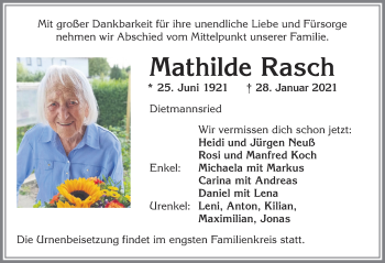 Traueranzeige von Mathilde Rasch von Allgäuer Zeitung,Kempten