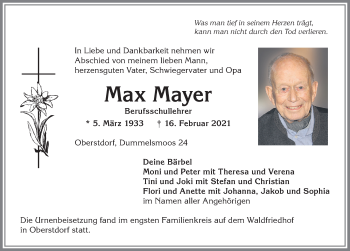 Traueranzeige von Max Mayer von Allgäuer Anzeigeblatt