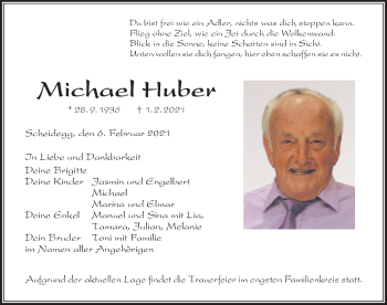 Traueranzeige von Michael Huber von Der Westallgäuer