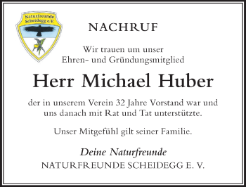 Traueranzeige von Michael Huber von Der Westallgäuer