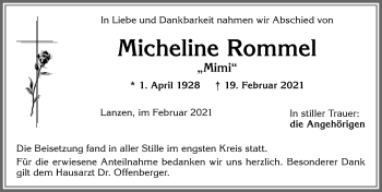 Traueranzeige von Micheline Rommel von Allgäuer Zeitung,Kempten