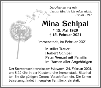 Traueranzeige von Mina Schipal von Allgäuer Anzeigeblatt