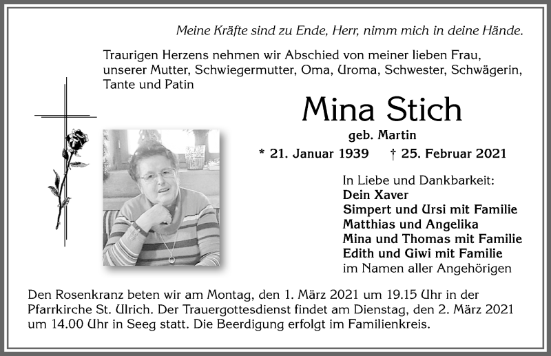  Traueranzeige für Mina Stich vom 27.02.2021 aus Allgäuer Zeitung, Füssen