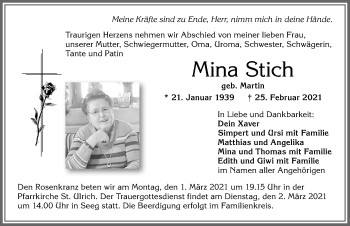 Traueranzeige von Mina Stich von Allgäuer Zeitung, Füssen