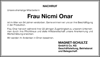 Traueranzeige von Nicmi Onar von Memminger Zeitung