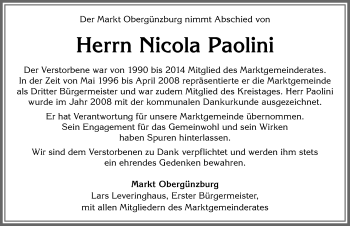 Traueranzeige von Nicola Paolini von Allgäuer Zeitung, Marktoberdorf