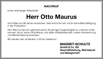 Traueranzeige von Otto Maurus von Memminger Zeitung